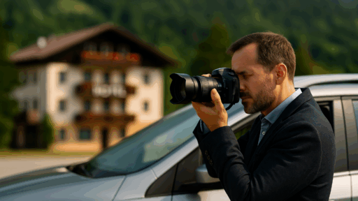 Detektiv der Detektei Helmberger fotografiert verdeckt aus dem Auto – im Hintergrund ein Hotel in den steirischen Bergen.