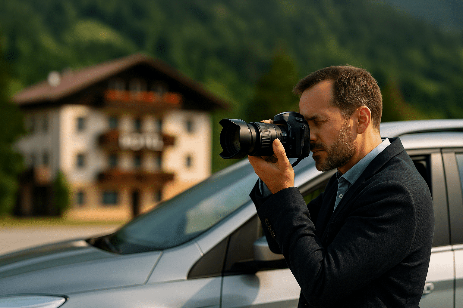 Detektiv der Detektei Helmberger fotografiert verdeckt aus dem Auto – im Hintergrund ein Hotel in den steirischen Bergen.