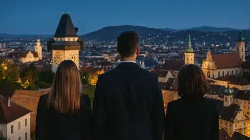 Drei professionell gekleidete Detektiv:innen stehen mit Blick auf die Skyline von Graz – im Vordergrund zwei Frauen, ein Mann, alle mit dem Rücken zur Kamera.