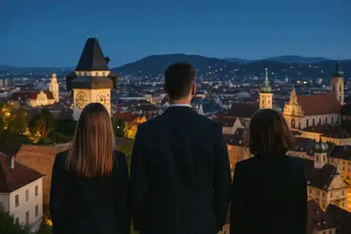Drei professionell gekleidete Detektiv:innen stehen mit Blick auf die Skyline von Graz – im Vordergrund zwei Frauen, ein Mann, alle mit dem Rücken zur Kamera.