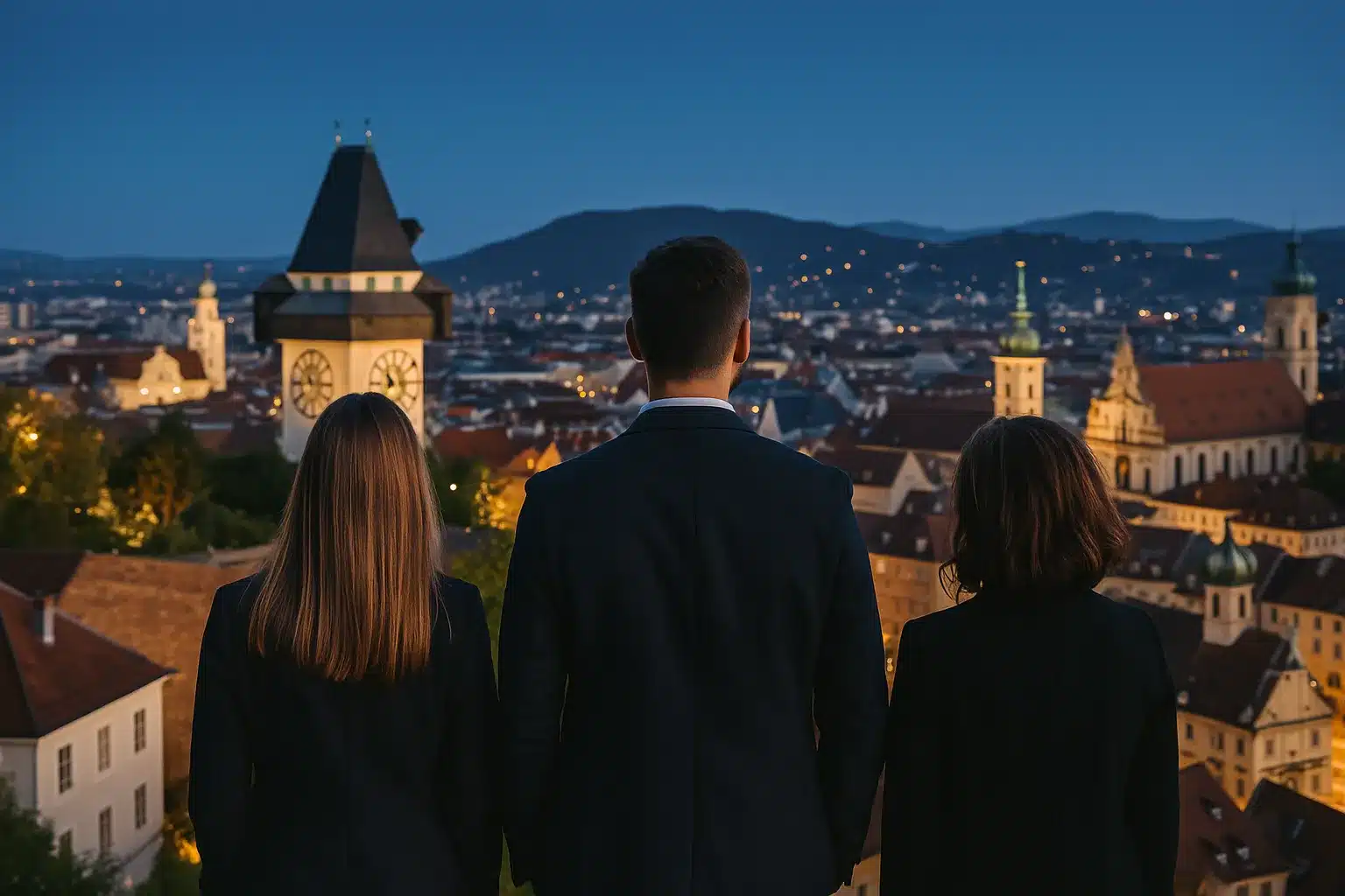 Drei professionell gekleidete Detektiv:innen stehen mit Blick auf die Skyline von Graz – im Vordergrund zwei Frauen, ein Mann, alle mit dem Rücken zur Kamera.