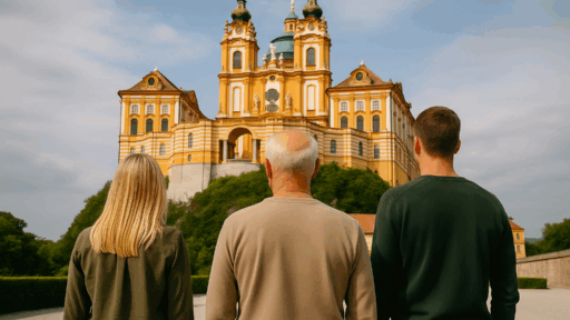 Drei Detektive vor dem Stift Melk in legerer Kleidung