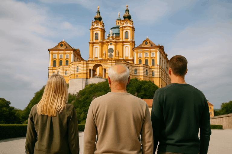 Drei Detektive vor dem Stift Melk in legerer Kleidung