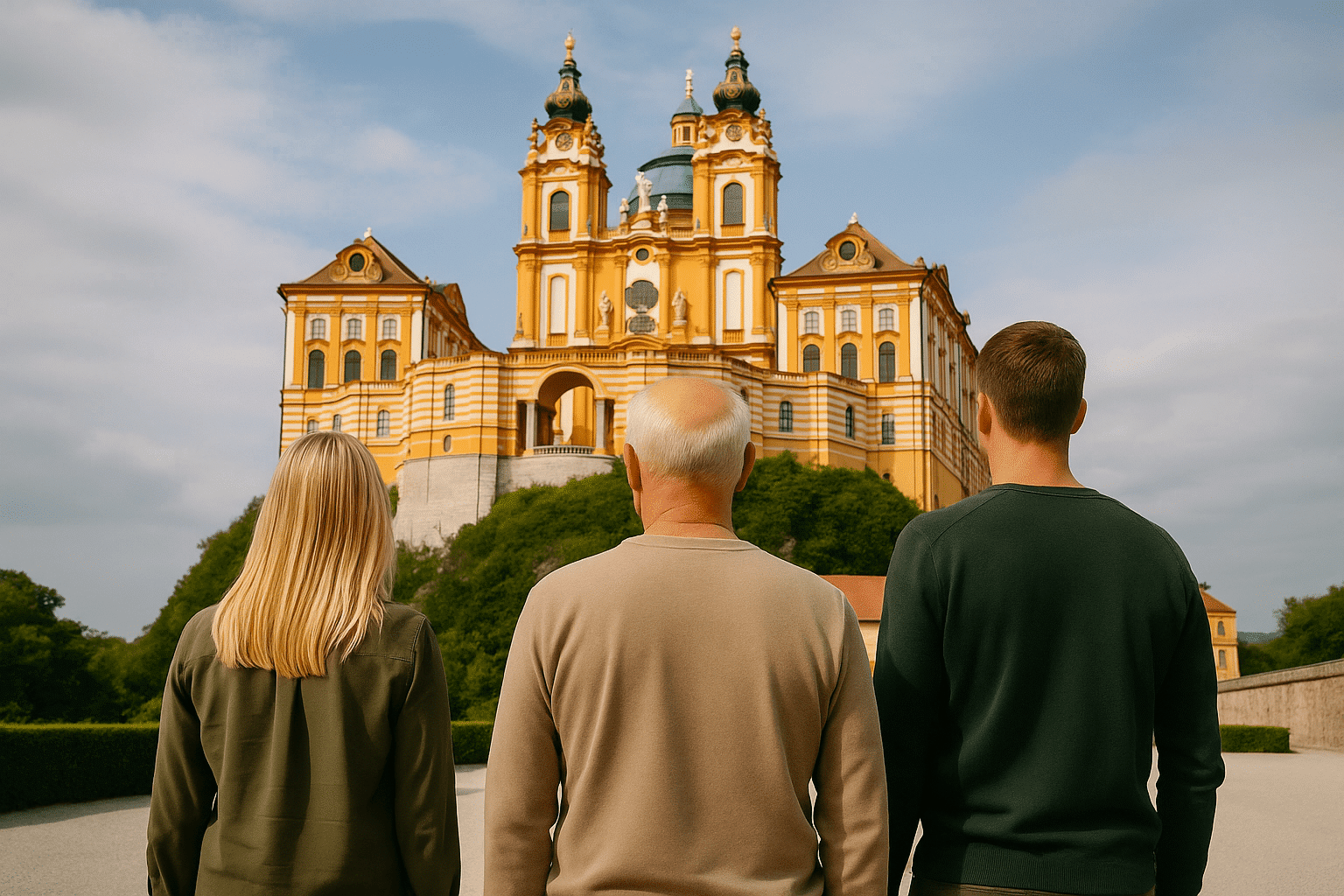 Drei Detektive vor dem Stift Melk in legerer Kleidung