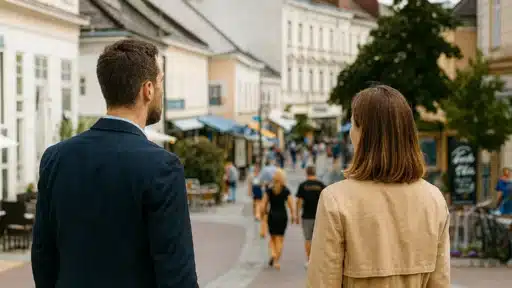 Zwei Detektive beobachten unauffällig eine belebte Fußgängerzone in Mödling bei Tag.
