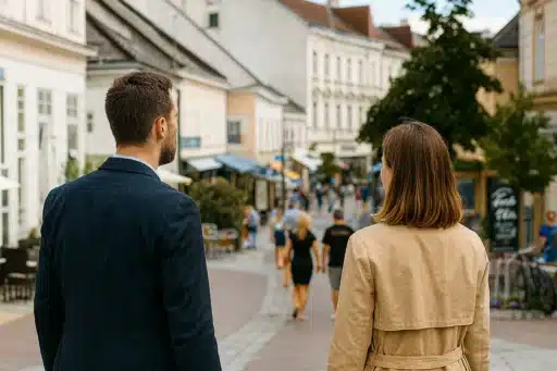 Zwei Detektive beobachten unauffällig eine belebte Fußgängerzone in Mödling bei Tag.