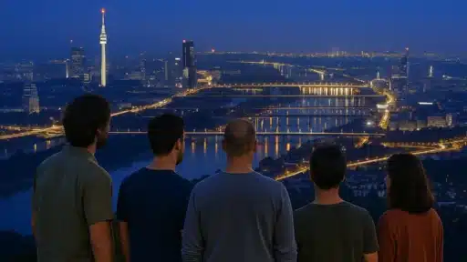 Detektive der Detektei Helmberger mit Blick auf die nächtliche Skyline von Wien – lockere Kleidung bei diskreter Observation