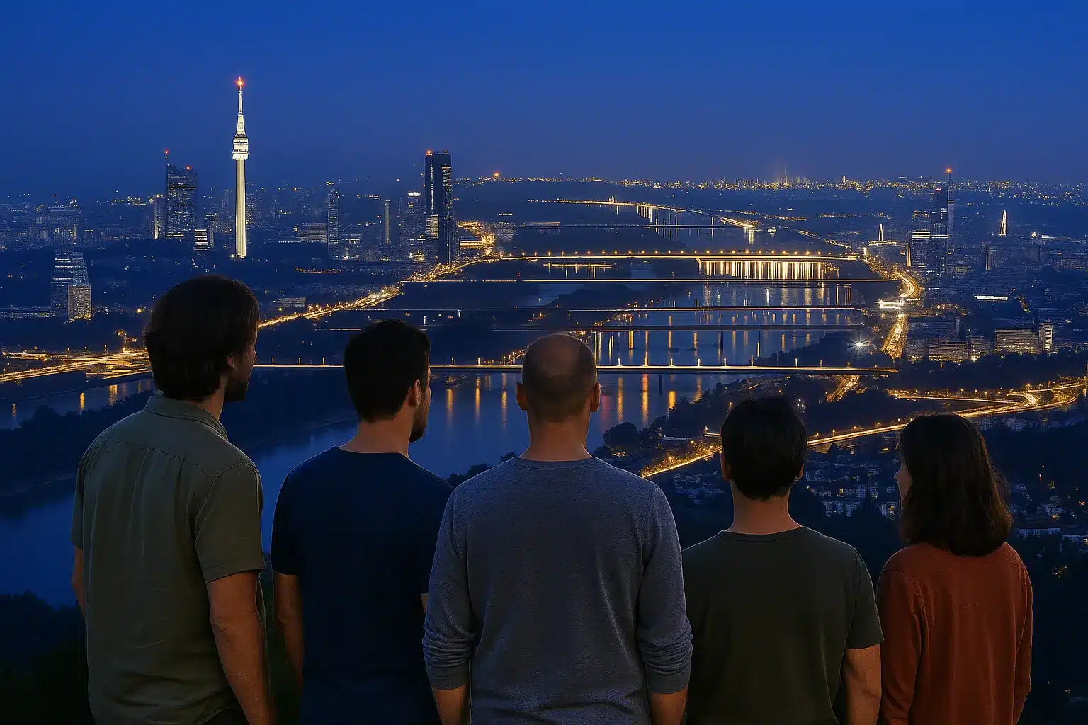 Detektive der Detektei Helmberger mit Blick auf die nächtliche Skyline von Wien – lockere Kleidung bei diskreter Observation