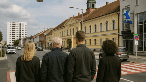 Drei Detektive in Oberwart, leger gekleidet, vor dem Rathaus