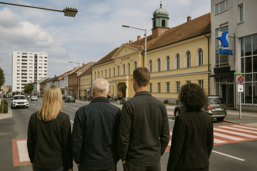 Drei Detektive in Oberwart, leger gekleidet, vor dem Rathaus