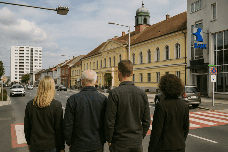 Drei Detektive in Oberwart, leger gekleidet, vor dem Rathaus