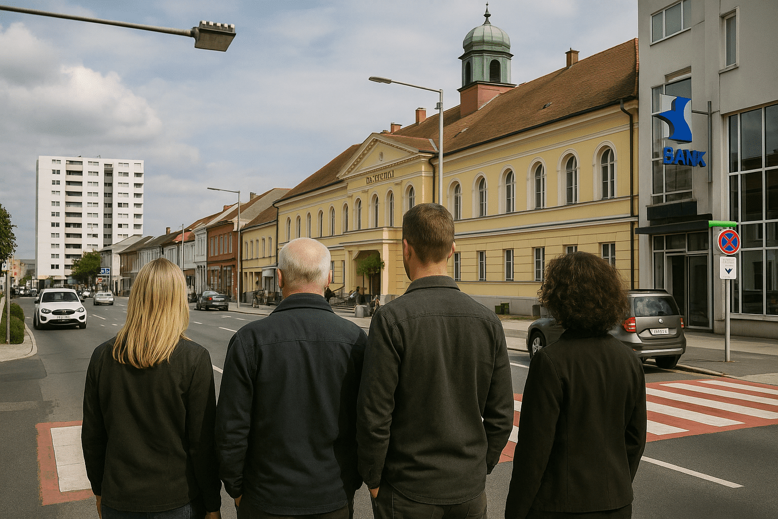 Drei Detektive in Oberwart, leger gekleidet, vor dem Rathaus